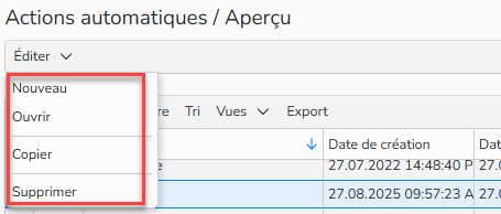 Capture d'écran du menu Editer dans les actions automatiques