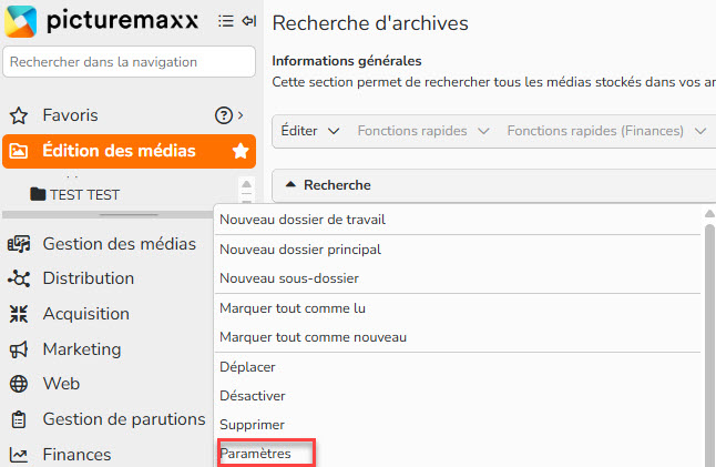 Capture d'écran mettant en évidence les paramètres du dossier