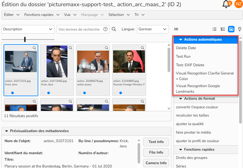 Capture d'écran mettant en évidence le menu des actions automatiques dans un dossier