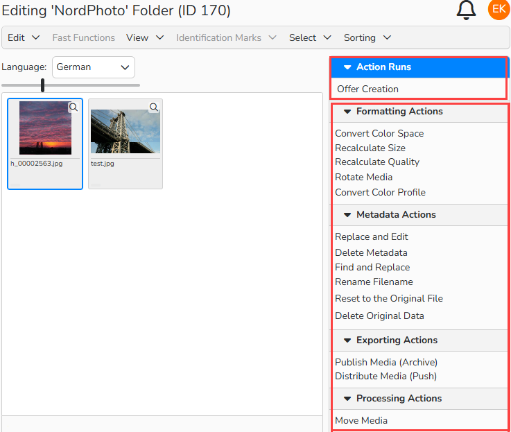 A screenshot of the Action Runs menu showing Actions and Action Runs available for the folder.