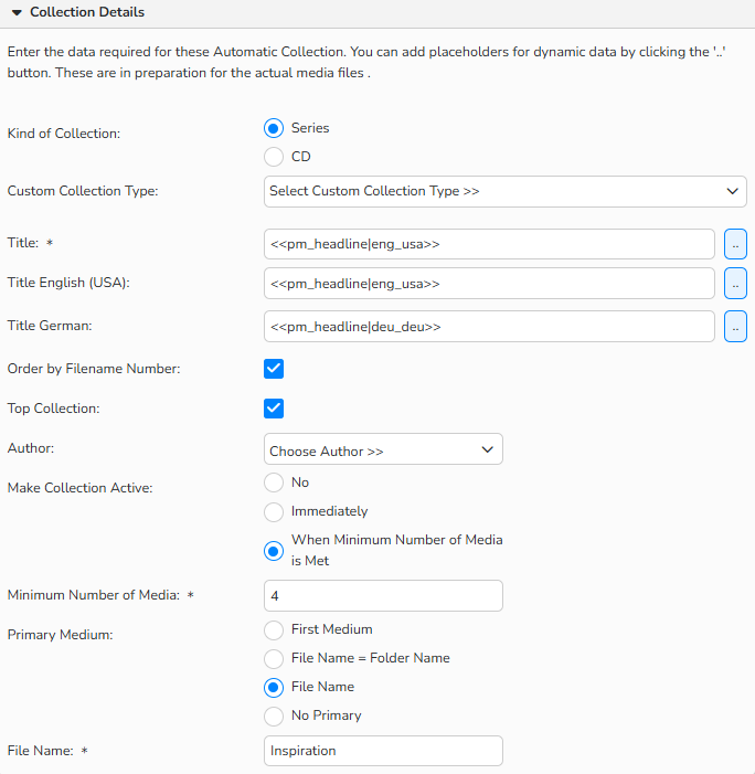 A screenshot of the Configure Action Run panel with options to configure an Automatic Collection. The setup options are displayed to configure collection details.