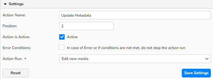 A screenshot of the Settings panel for Execute Action Run. It displays the options to add an existing Action Run to another Action Run.