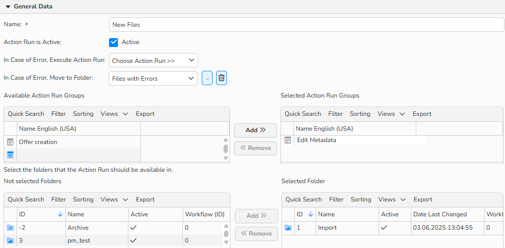 A screenshot of a dialog for setting up an Action Run. It displays the General Data panel with options to create and activate the run, and assign it to specific folders and action run groups.
