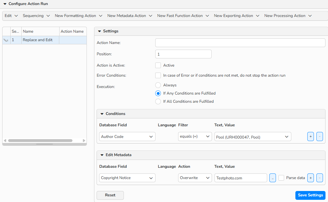 A screenshot of a dialog for setting up an Action Run. It displays the Configure Action Run panel with options to add actions to the run and configure the actions.
