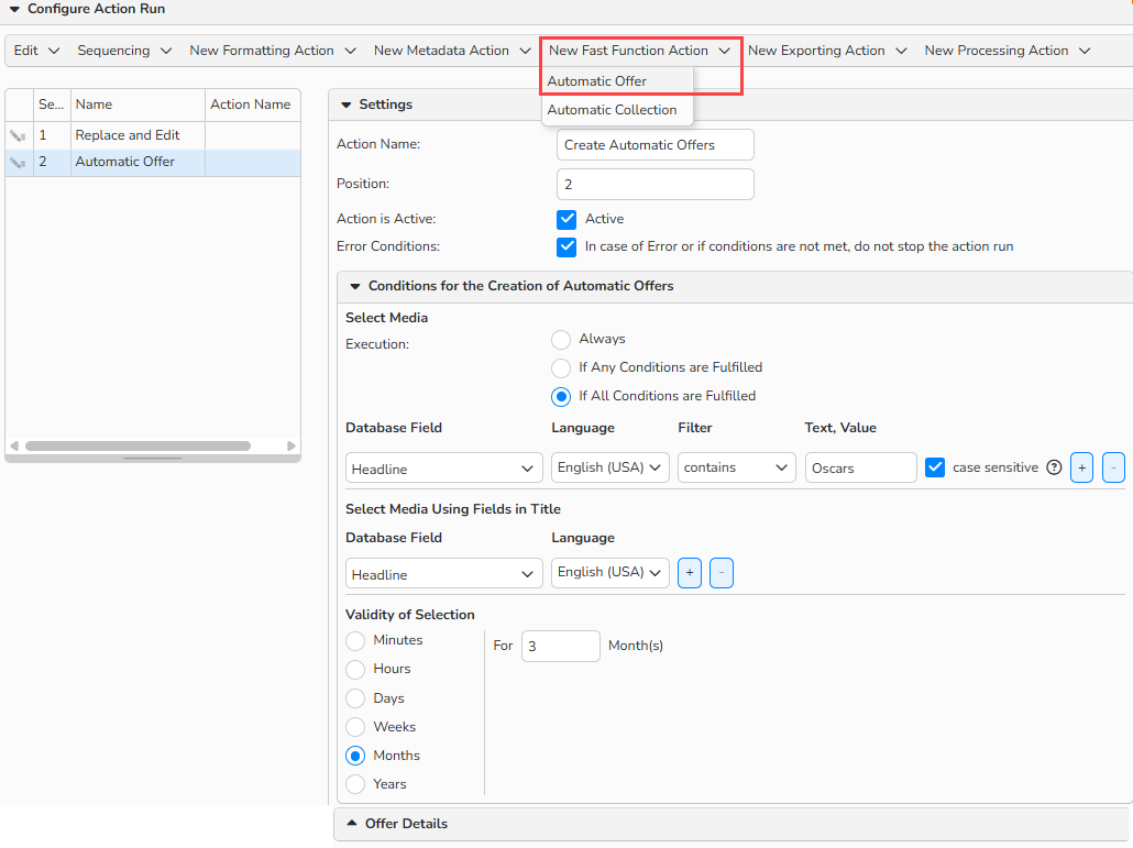 A screenshot of the Configure Action Run panel with options to configure an Automatic Offer.