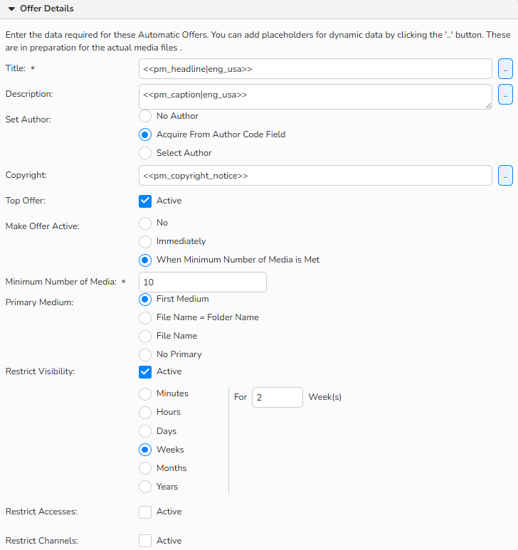 A screenshot of the Configure Action Run panel with options to configure an Automatic Offer. The setup options are displayed to configure offer details (Author, first image, display restrictions).