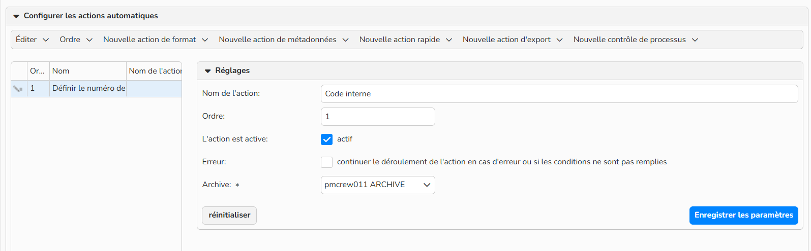 Capture d'écran montrant comment configurer une action automatique