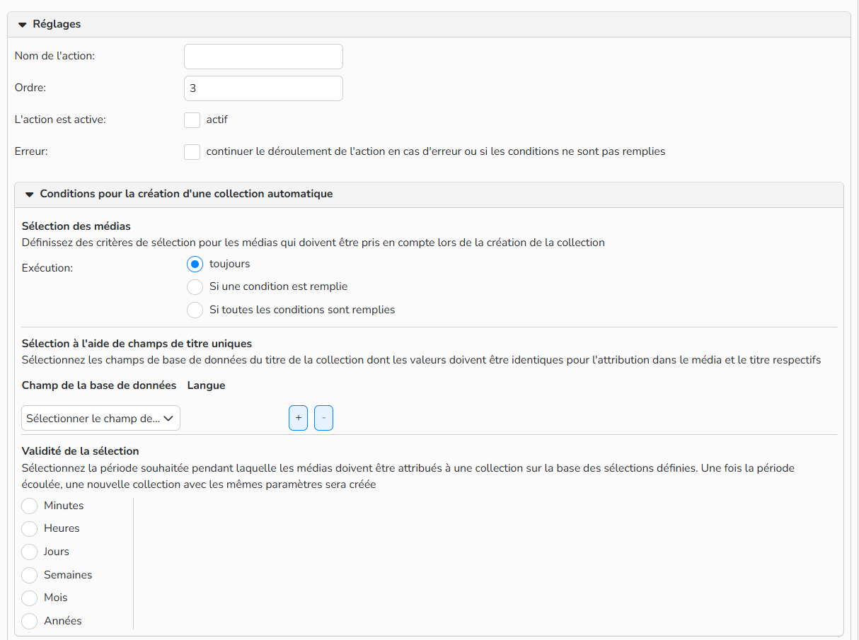 Capture d'écran montrant la configuration d'une collection automatique