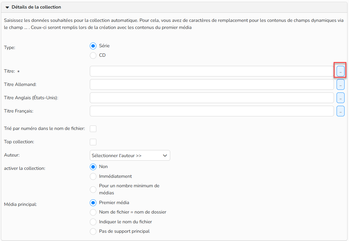 Capture d'écran montrant comment configurer une collection automatique. Les deux points à droite du champ titre sont mus en évidence