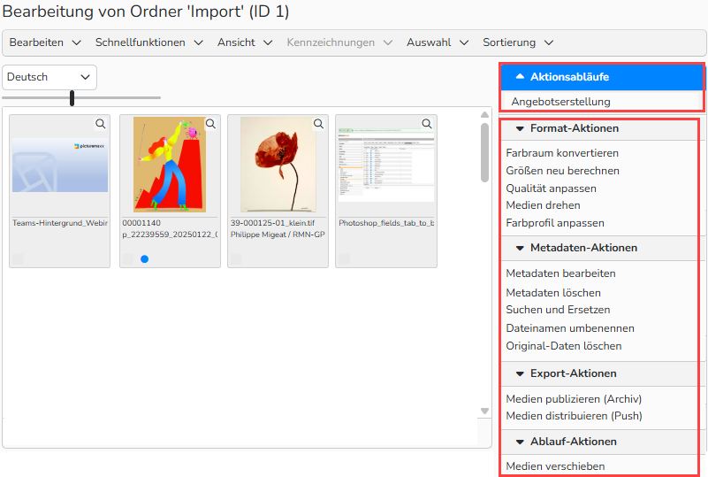 Ein Screenshot des ausgewählten Ordners mit den Menüs a. „Aktionsabläufe“ mit Angebotserstellung und b. verschiedenen „Aktionen