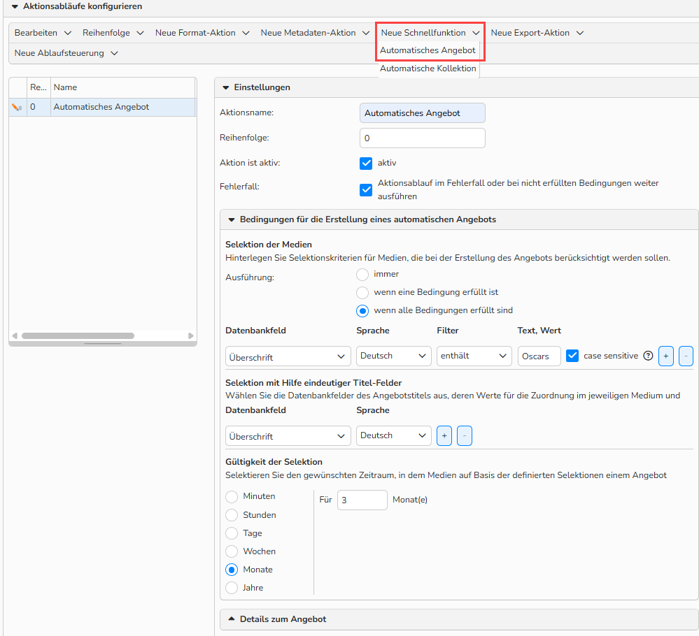 Screenshot des Fensters „Aktionsabläufe konfigurieren“. Das Menü 