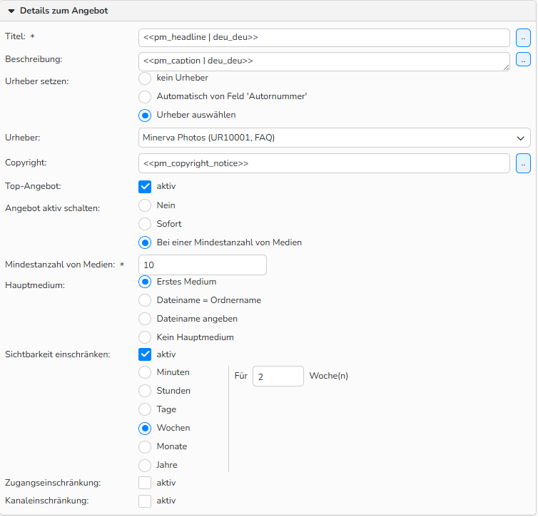 Screenshot des Fensters „Aktionsablauf konfigurieren“ mit Optionen zum Konfigurieren eines automatischen Angebots. Die Einstellungsoptionen zum Konfigurieren der Angebotsdetails (z.B. Autor, erstes Medium, Anzeigebeschränkungen) werden angezeigt.