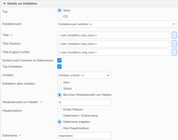Screenshot des Fensters „Aktionsablauf konfigurieren“ mit Optionen zum Konfigurieren der Details einer automatischen Kollektion.
