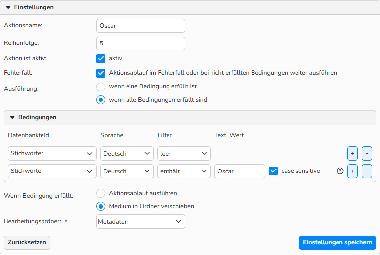 Screenshot des Einstellungsfensters für die Aktion „Bedingte Ausführung“. Es zeigt die Optionen zum Festlegen von Bedingungen an, die bestimmte Aktionen auslösen.
