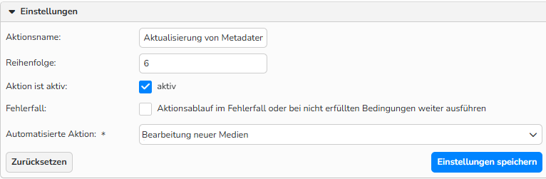 Screenshot des Einstellungsfensters für „Aktionsablauf ausführen“. Es zeigt die Optionen zum Hinzufügen eines bestehenden Aktionsablaufs zu einem anderen Aktionsablauf.