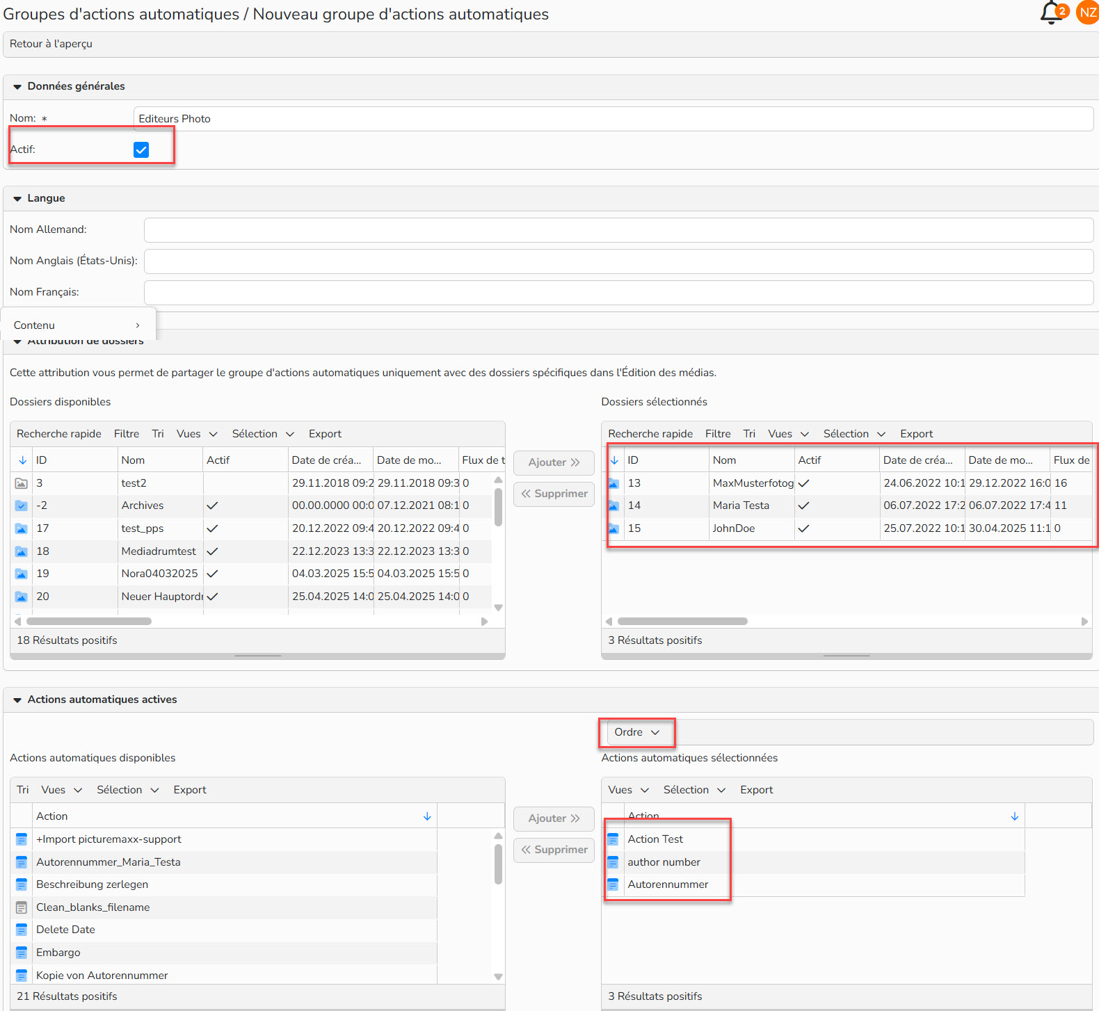 Capture d'écran mettant en évidence la création d'un groupe d'actions automatiques, avec l'attribution des dossiers et l'ajout des actions automatiques individuelles