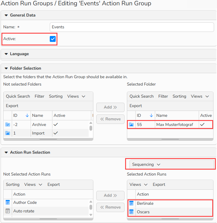 Action Run Groups setup window showing options to activate the group, assign it to a folder, add Action Runs, and set their execution order.