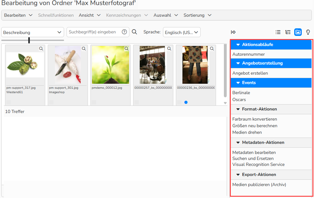 Screenshot des Fensters eines Importordners mit dem Menü „Aktionsabläufe“ auf der rechten Seite. Das Menü ist hervorgehoben und zeigt verfügbare Aktionen, Aktionsabläufe und Aktionsablaufgruppen an.