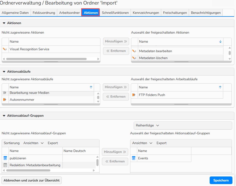 Screenshot des Fensters „Ordnerverwaltung“ mit der Registerkarte „Aktionen“. Hier werden Optionen zum Hinzufügen ausgewählter Aktionen, Aktionsläufe und Aktionslaufgruppen zum ausgewählten Ordner angezeigt.