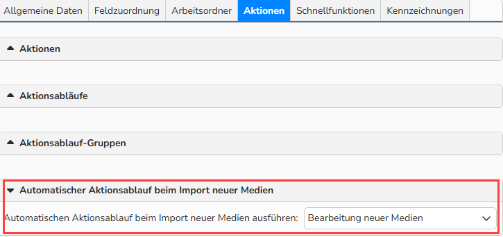 Screenshot des Fensters „Ordnerverwaltung“ mit der Registerkarte „Aktionen“. Hier wird die Option angezeigt, einen automatischen Aktionsablauf für neu importierte Medien zuzuweisen.
