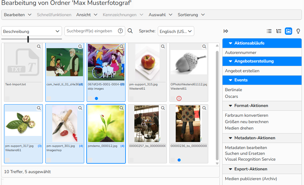 Screenshot des Fensters eines Importordners mit dem Menü „Aktionsabläufe“ auf der rechten Seite. Das Menü ist hervorgehoben und zeigt verfügbare Aktionen, Aktionsabläufe und Aktionsablaufgruppen an, die auf die ausgewählten Medien angewendet werden können.
