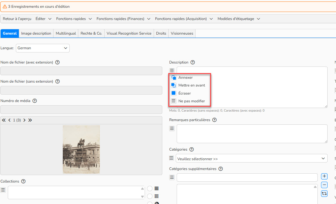 Capture d'écran montrant le traitement par lot de 3 médias. Le menu contextuel pour modifier le champ de métadonnées est mis en évidence.