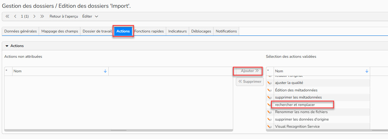 Capture d'écran montrant comment ajouter l'action recherche et replacer. L'onglet Actions est mis en évidence.