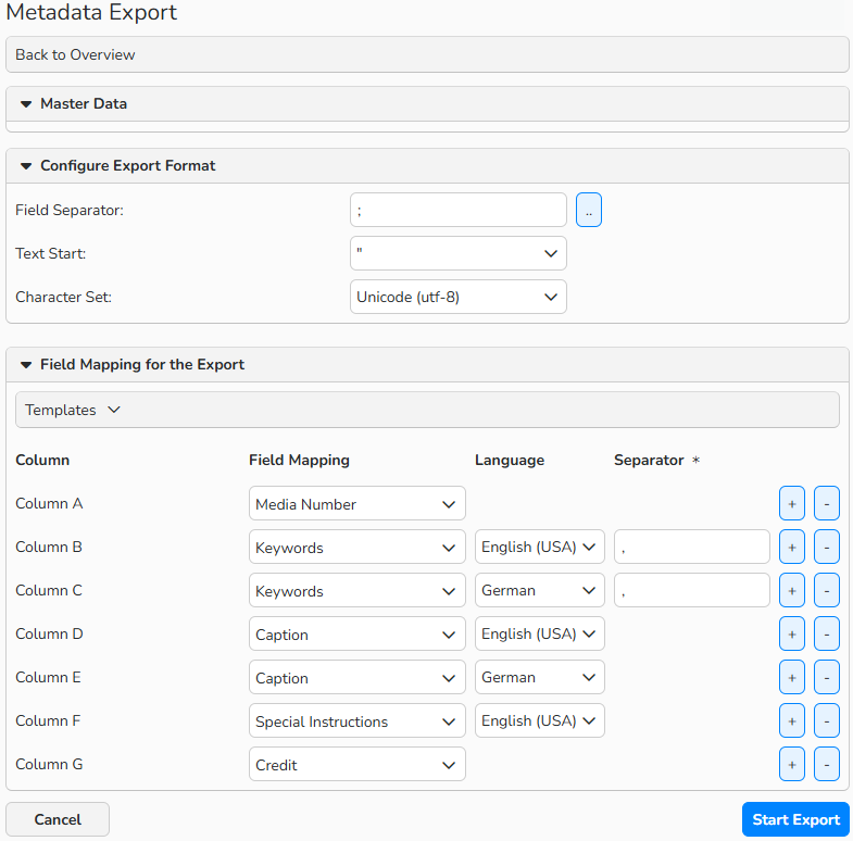 en_image_11 Screenshot of the Metadata Export window showing options to configure export format and field mapping