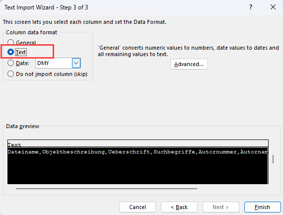 Screenshot of the Text Import Wizard in Excel showing the Text option selected as the column format and highlighted.