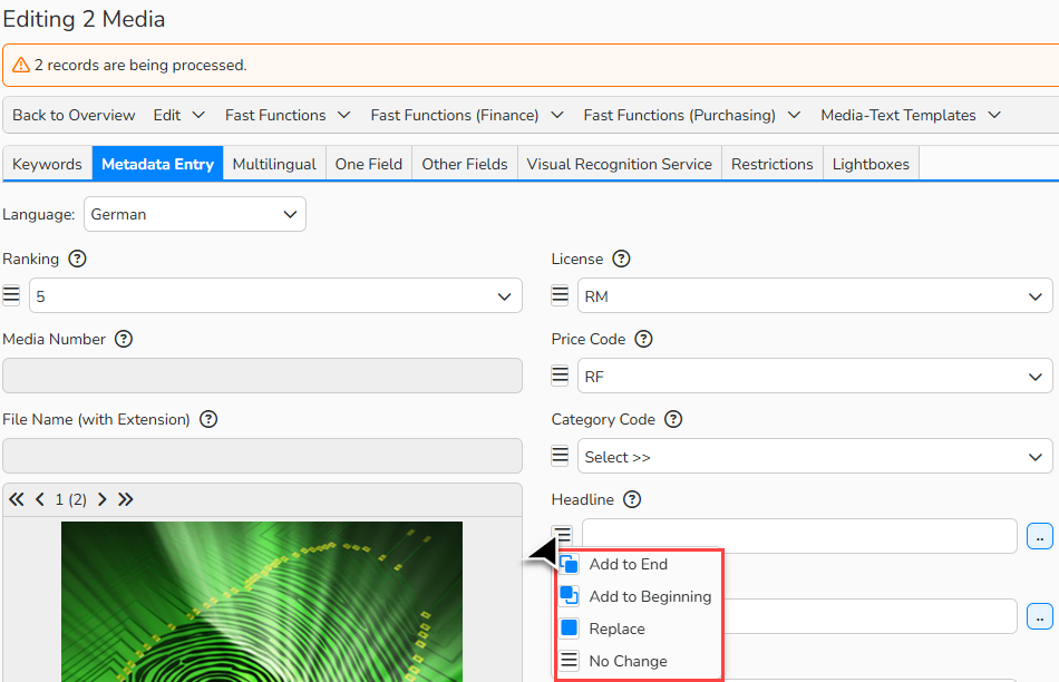 Screenshot of the media editing window with batch options for modifying multiple image files. A system message indicates the number of files being processed, and the Batch Process context menu options are highlighted