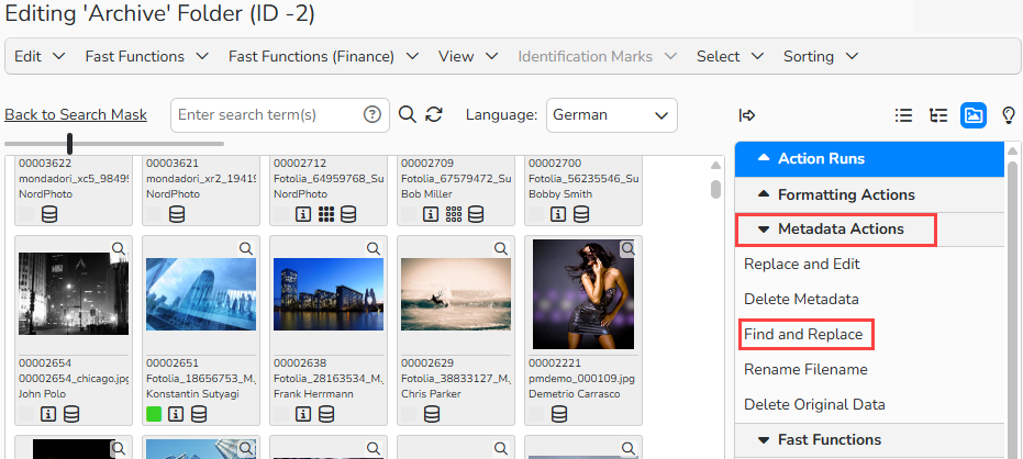 Screenshot of the Archive Folder showing search results and the Action Runs menu on the right listing the actions available for this folder. The menu option Metadata Action “Find and Replace” is highlighted.
