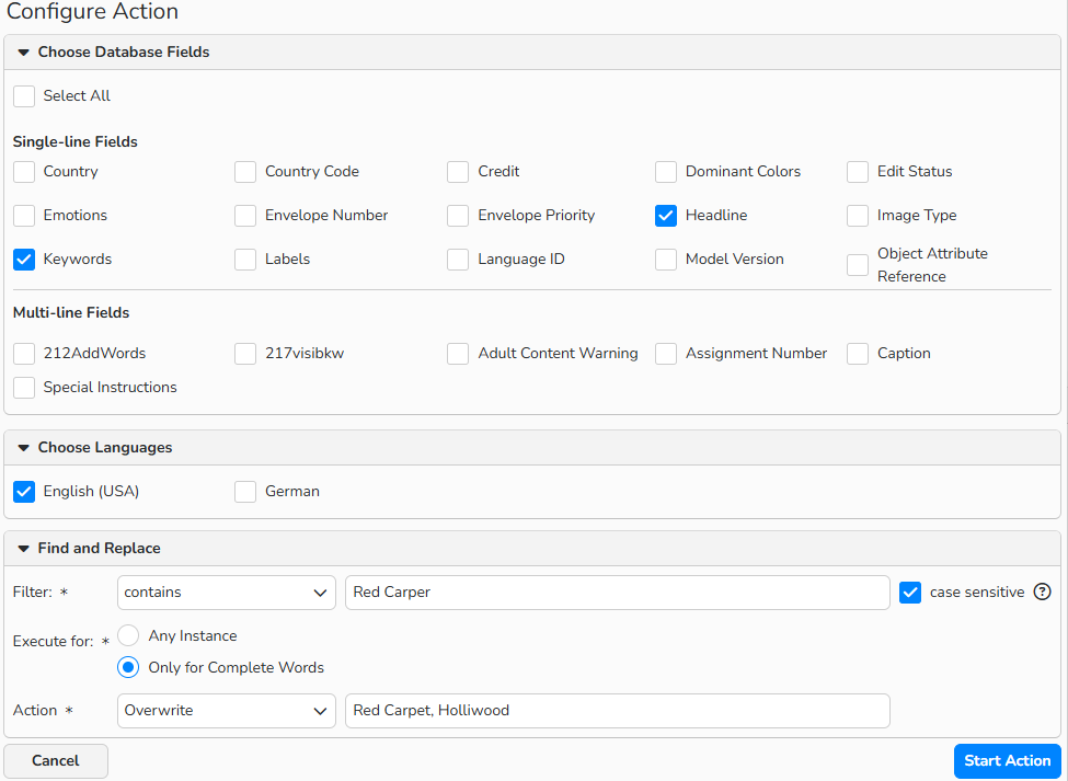 Screenshot of the Configure Action dialog showing options to set up the Find and Replace action.