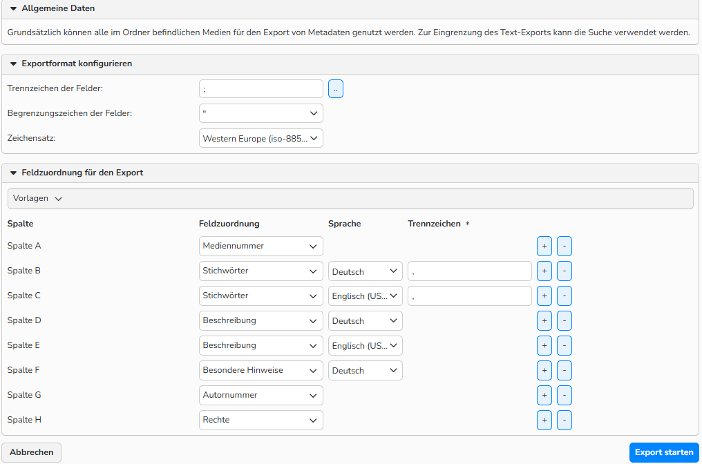 Screenshot des Fensters Metadatenexport, das Optionen zur Konfiguration des Exportformats und der Feldzuordnung zeigt.