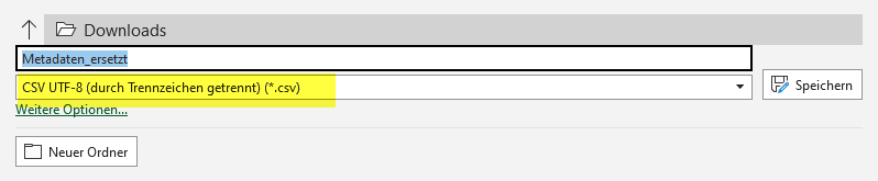Screenshot des Windows‑Dialogs Speichern unter, in dem die Option Dateityp: CSV UTF‑8 ausgewählt und hervorgehoben ist.