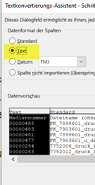 Screenshot des Textimport-Assistenten in Excel, in dem die Option Text als Spaltenformat ausgewählt und hervorgehoben ist.