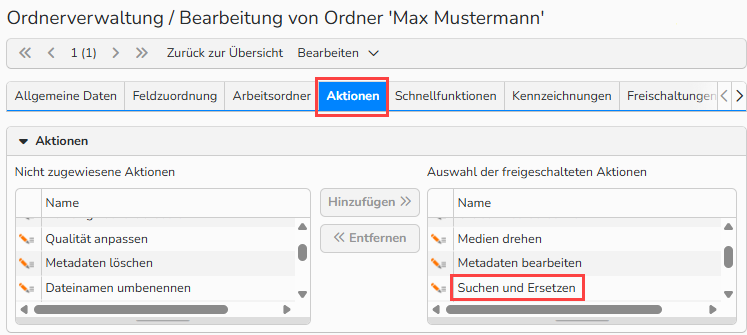 Screenshot des Fensters zur Ordnerverwaltung mit geöffnetem und hervorgehobenem Tab Aktionen, der die Auswahl der freigeschalteten Aktionen für den ausgewählten Ordner mit der Aktion Suchen und Ersetzen zeigt.