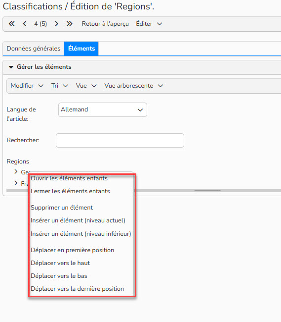 Capture d'écran mettant en évidence le menu que l'on obtient avec un clic gauche sur l'arborescence