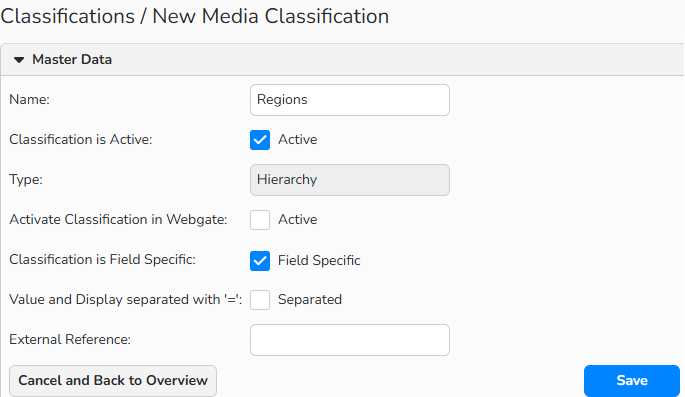 Screenshot of Classifications setup window showing master data configuration options.