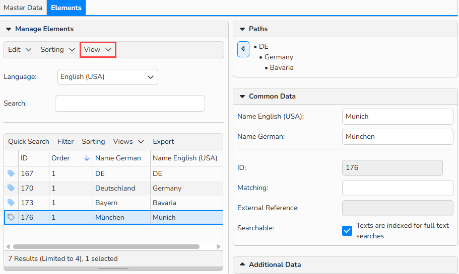 Screenshot of Classifications setup window showing tree configuration options in the Elements tab. The View menu is highlighted.