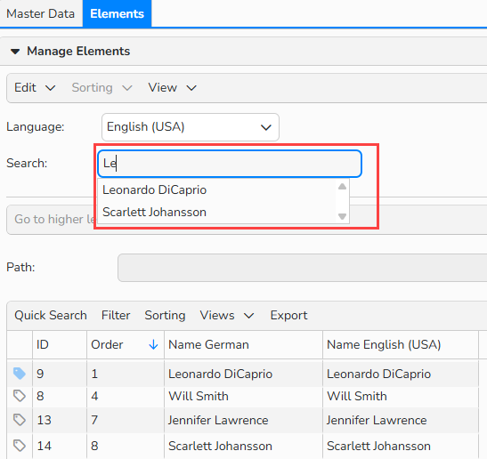 Screenshot of Classifications setup window showing tree configuration options in the Elements tab. The Search box is highlighted and displays autocomplete suggestions.