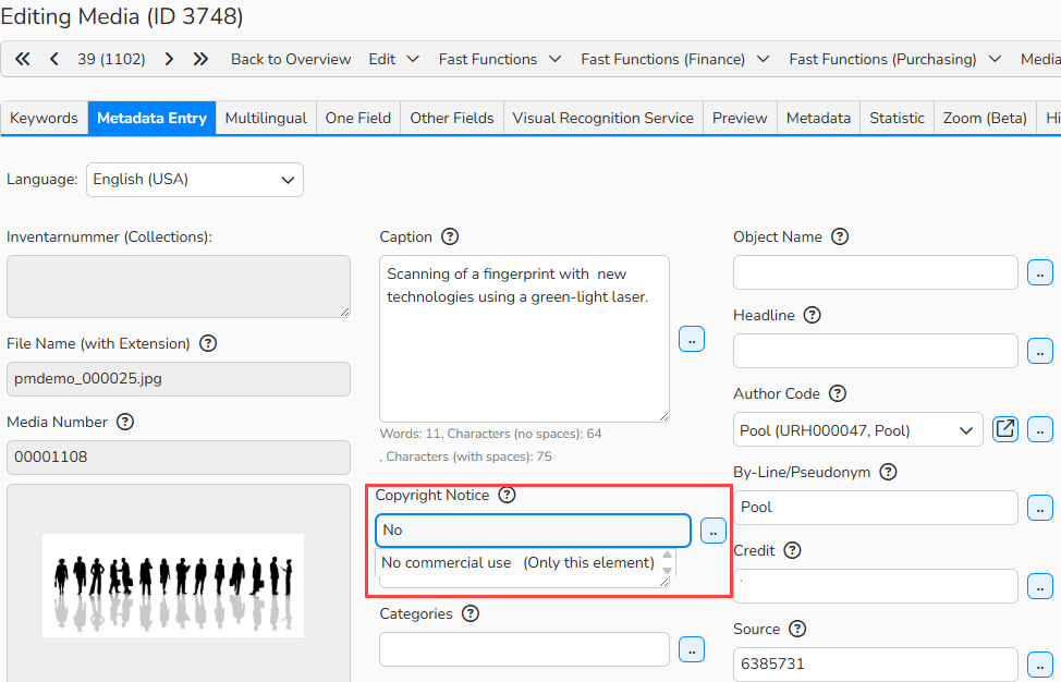 Screenshot of a media labeling mask in the Editing Media window. It shows a box with a database field linked to it with the autocomplete feature.