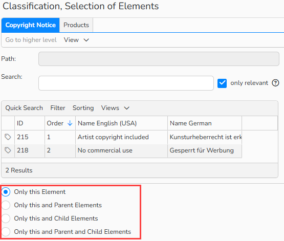Screenshot of a Classification elements dialog that opens for a linked database field in a media labeling mask. The options to include the element's parent or child elements are highlighted.