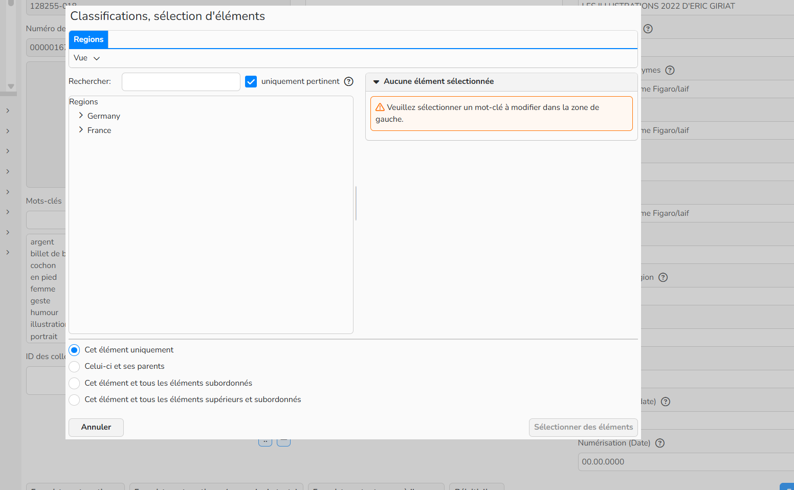 Capture d'écran montrant comment sélectionner un élément d'une classification lors de l'indexation