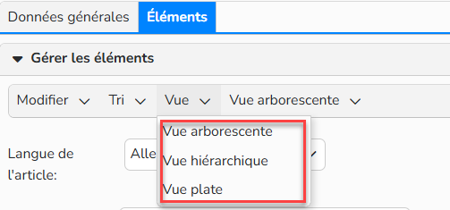 Capture d'écran mettant en évidence le menu avec les différentes vues disponibles