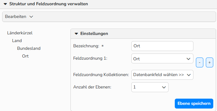 Screenshot des Fensters „Klassifizierungen/Neue Klassifizierung“ mit Optionen zur Konfiguration der Baumstruktur der Klassifizierungen und der Feldzuordnung.