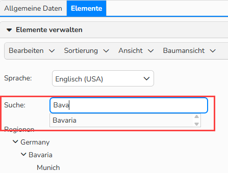 Screenshot des Fensters „Klassifizierungen/Bearbeiten der Klassifizierung“ mit den Optionen für die Baumkonfiguration im Tab „Elemente“. Das Suchfeld ist hervorgehoben und zeigt Vorschläge für die automatische Vervollständigung an.