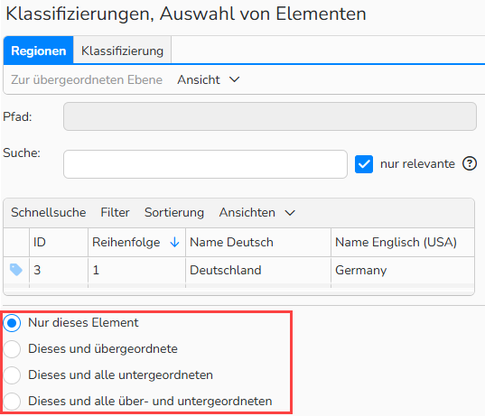 Screenshot eines Dialogfelds „Klassifizierungen, Auswahl von Elementen“, das für ein verknüpftes Datenbankfeld in einer Medienbeschriftungsmaske geöffnet wird. Im Tab „Regionen