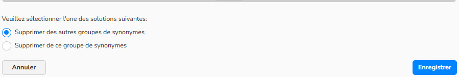 Capture d'écran montrant comment gérer un synonyme qui existe en double