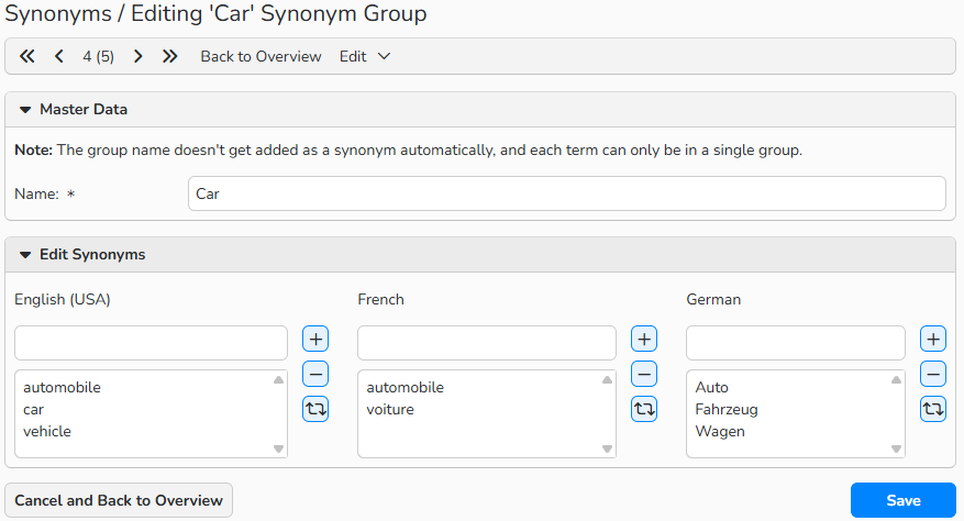 A screenshot of a Edit Synonym Group window showing options to add terms. It displays options to enter terms in three languages: English, German, and French.