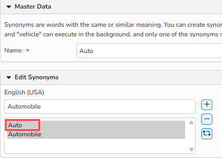 Screenshot of an Edit Synonym Group window. It displays an example of a entering a word that already exists in other synonym group.